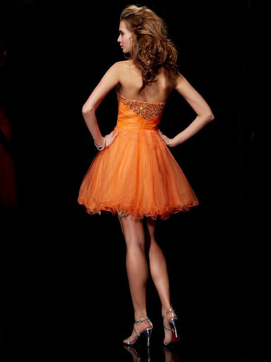 A-Line Princess Strapless Sleeveless Beading Short Organza Homecoming Dresses
