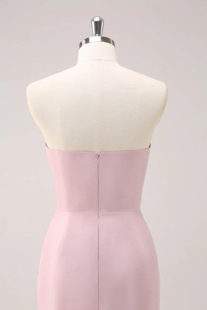 Pink ruffled fish tail strapless asymmetrical bridesmaid dress