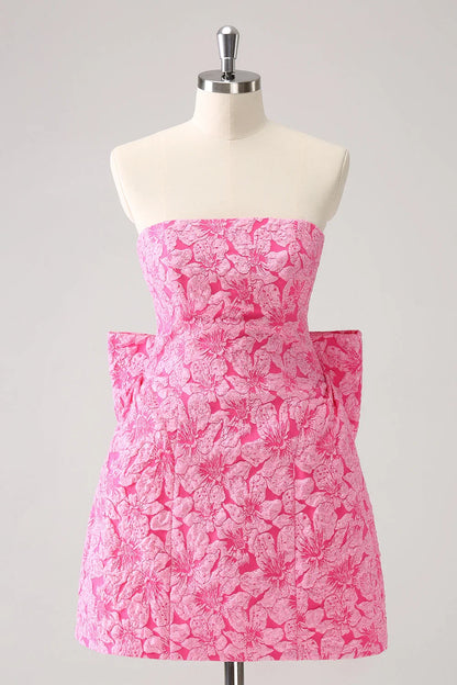Vintage Rose Pink Bow Design A-line Floral Sleeveless Strapless Homecoming Dress TP3453
