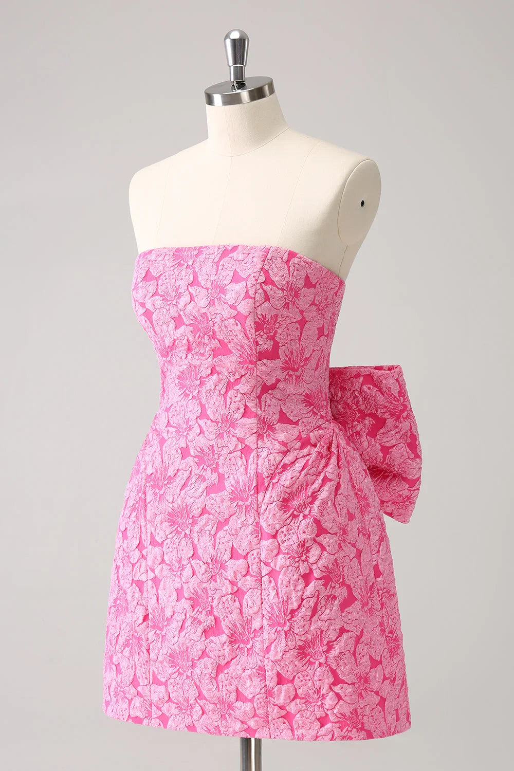 Vintage Rose Pink Bow Design A-line Floral Sleeveless Strapless Homecoming Dress TP3453
