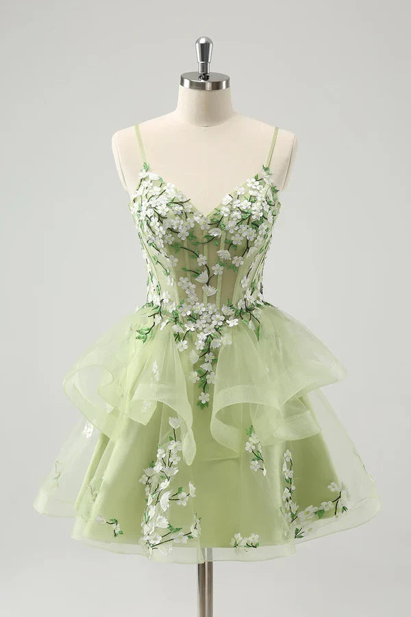 Vintage Mint Green Floral Embroidery Design A-line Spaghetti Strap Homecoming Dress TP3407