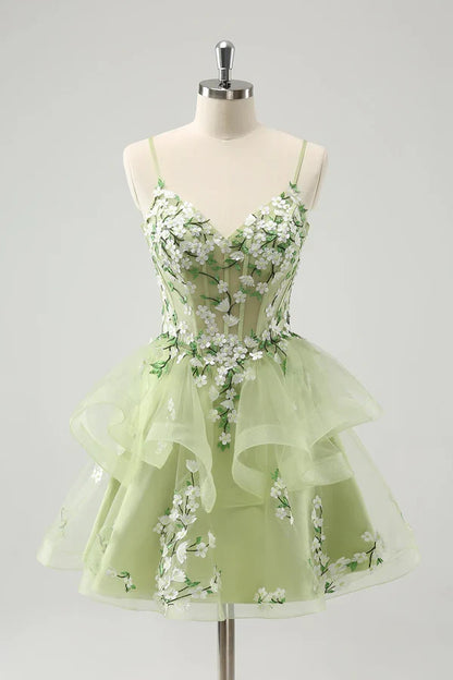 Vintage Mint Green Floral Embroidery Design A-line Spaghetti Strap Homecoming Dress TP3407