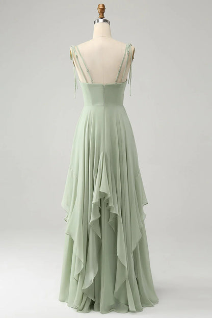 Matcha A-line Thin Shoulder V-Neck Sleeveless Strap Ruffled Chiffon Long Bridesmaid Dress