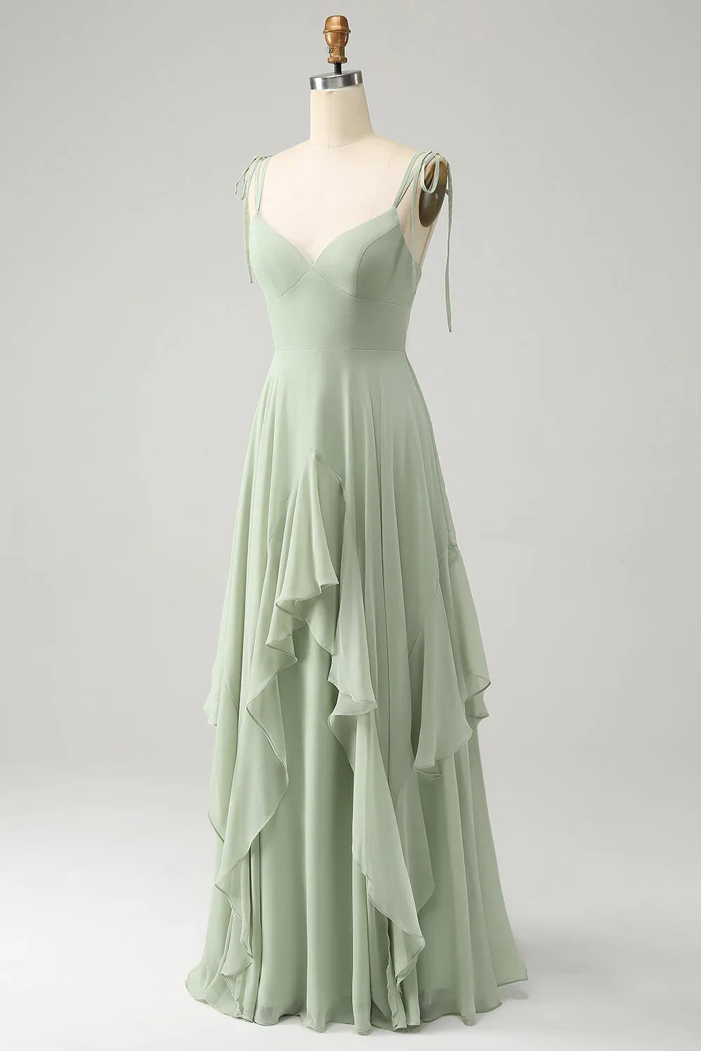 Matcha A-line Thin Shoulder V-Neck Sleeveless Strap Ruffled Chiffon Long Bridesmaid Dress