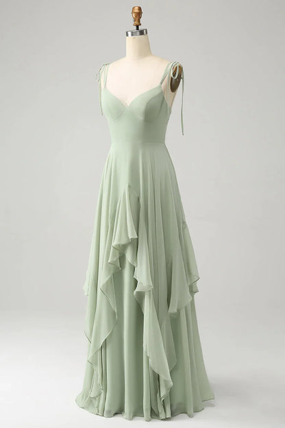 Matcha A-line Thin Shoulder V-Neck Sleeveless Strap Ruffled Chiffon Long Bridesmaid Dress
