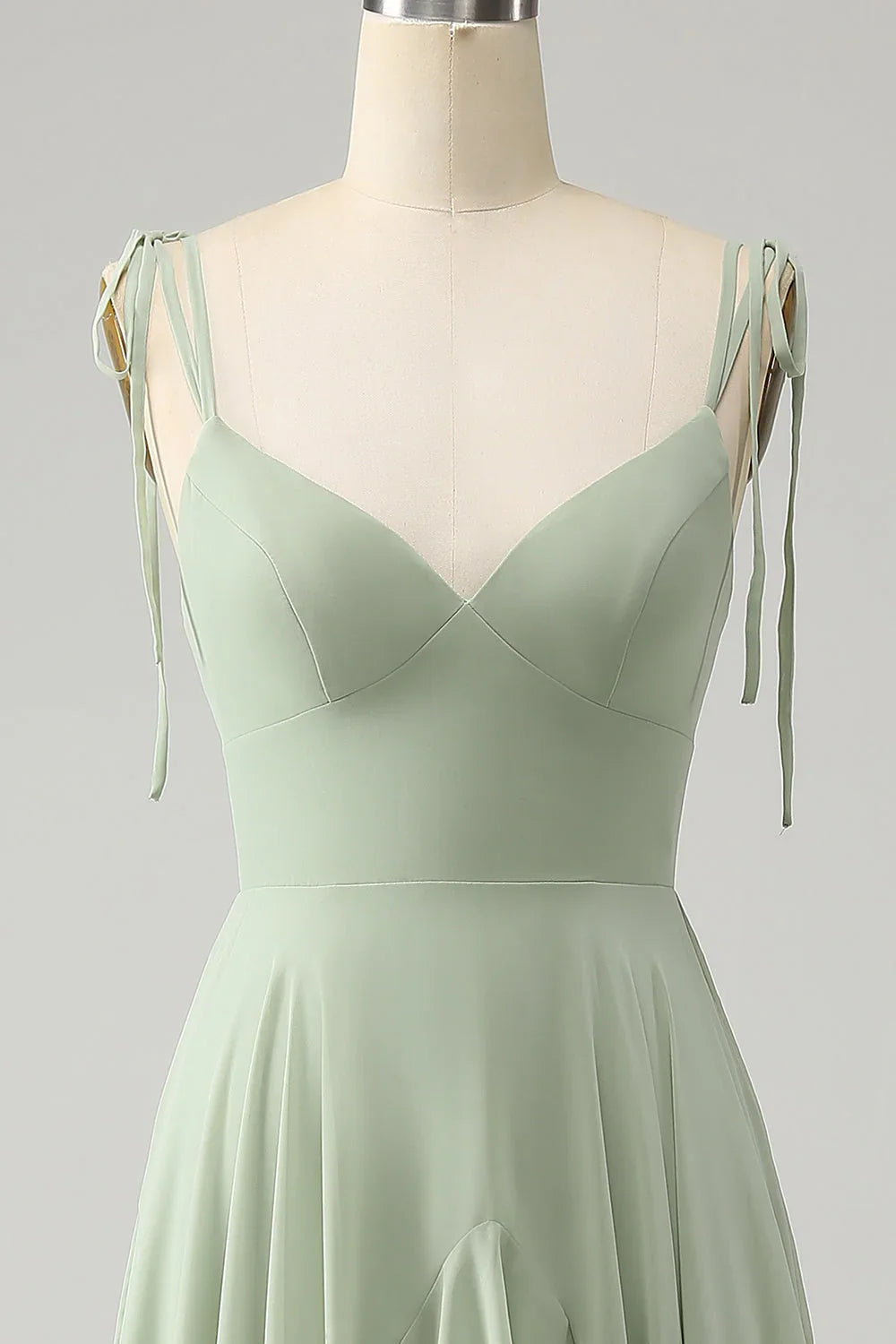 Matcha A-line Thin Shoulder V-Neck Sleeveless Strap Ruffled Chiffon Long Bridesmaid Dress