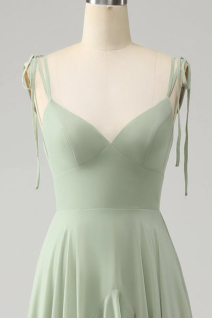 Matcha A-line Thin Shoulder V-Neck Sleeveless Strap Ruffled Chiffon Long Bridesmaid Dress