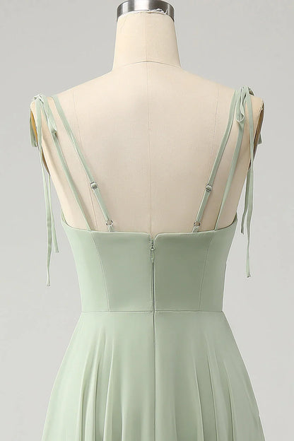 Matcha A-line Thin Shoulder V-Neck Sleeveless Strap Ruffled Chiffon Long Bridesmaid Dress
