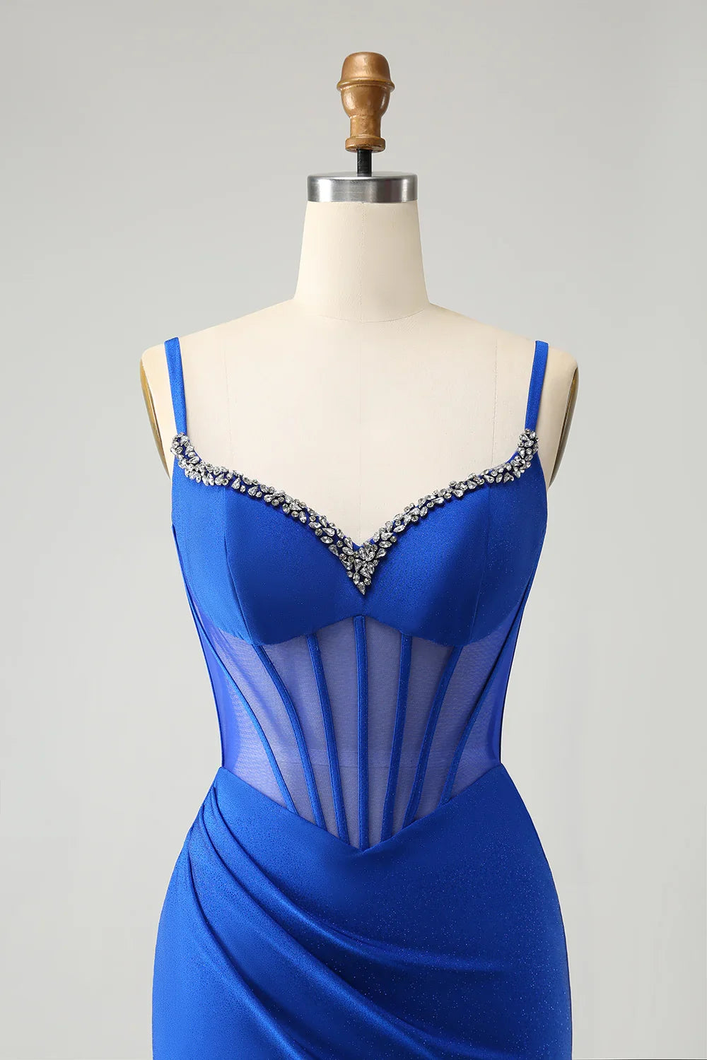 Royal blue mermaid bead tight corset long slit ball dress