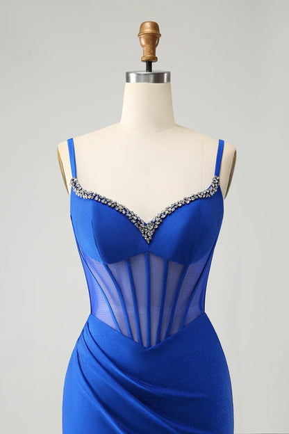 Royal blue mermaid bead tight corset long slit ball dress