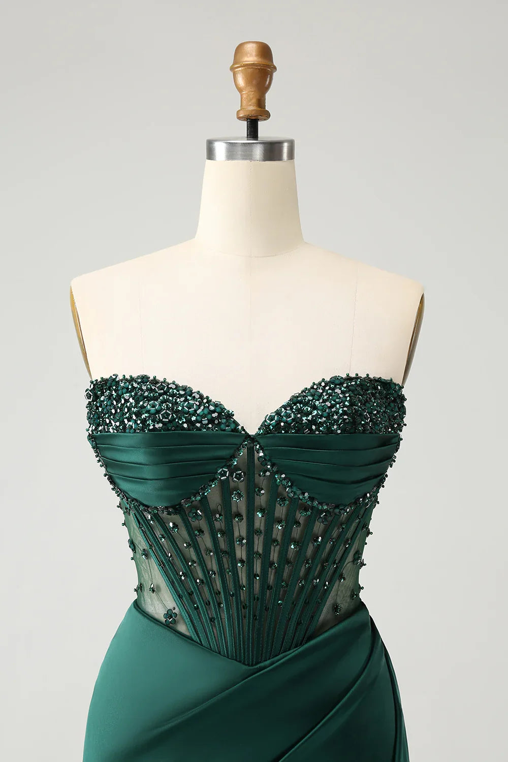 Deep green mermaid bead tight corset strapless slit long ball dress