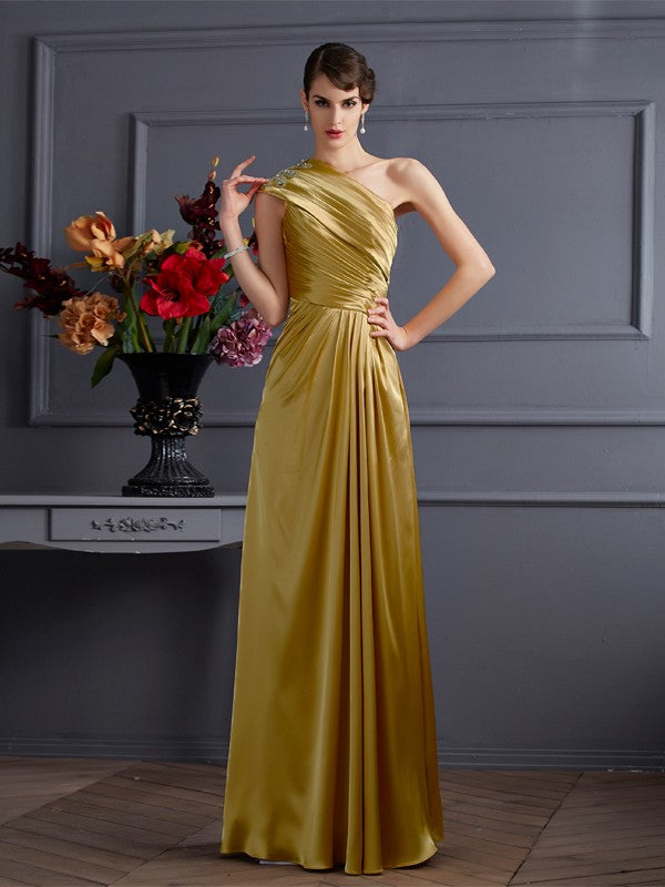 A-Line/Princess One-Shoulder Sleeveless Beading Long Woven Satin Dresses