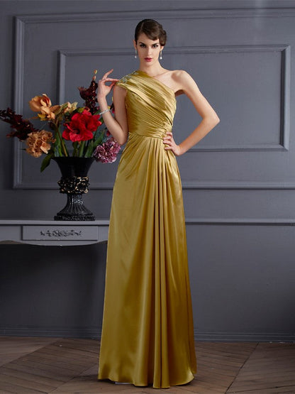 A-Line/Princess One-Shoulder Sleeveless Beading Long Woven Satin Dresses