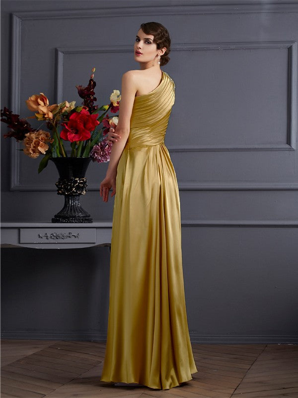 A-Line/Princess One-Shoulder Sleeveless Beading Long Woven Satin Dresses