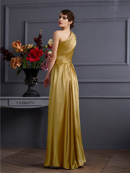 A-Line/Princess One-Shoulder Sleeveless Beading Long Woven Satin Dresses