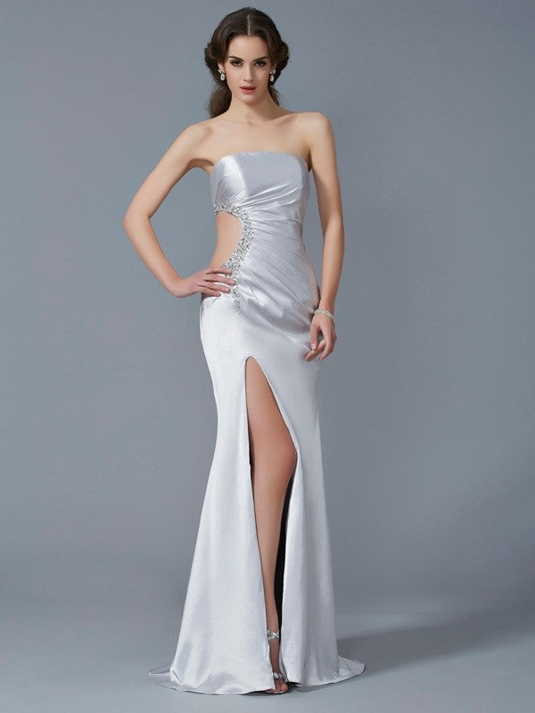 Trumpet/Mermaid Strapless Sleeveless Beading Long Woven Satin Dresses