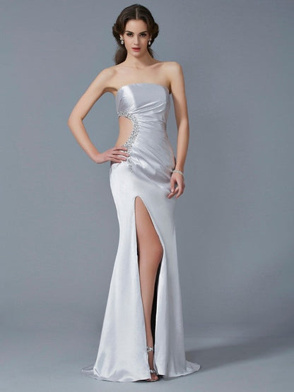 Trumpet/Mermaid Strapless Sleeveless Beading Long Woven Satin Dresses