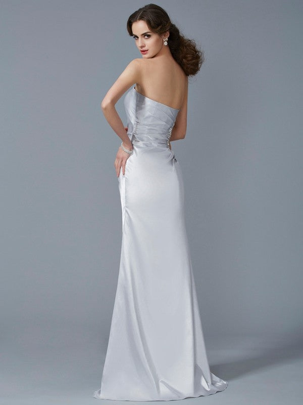 Trumpet/Mermaid Strapless Sleeveless Beading Long Woven Satin Dresses