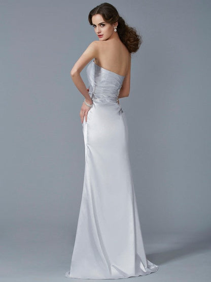 Trumpet/Mermaid Strapless Sleeveless Beading Long Woven Satin Dresses