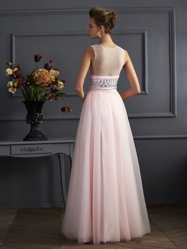 Ball Gown V-neck Sleeveless Beading Long Net Dresses