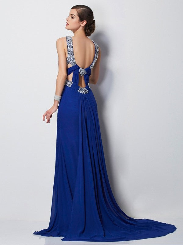 Sheath/Column High Neck Sleeveless Beading Long Chiffon Dresses