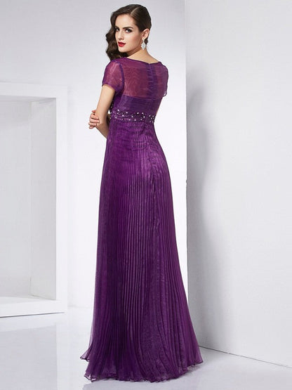 A-Line/Princess V-neck Short Sleeves Beading Long Organza Dresses