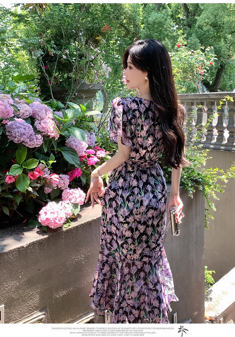 New Fashion Floaral Design V-neck Short Sleeves Mermaid Slim Long Dress TP3048