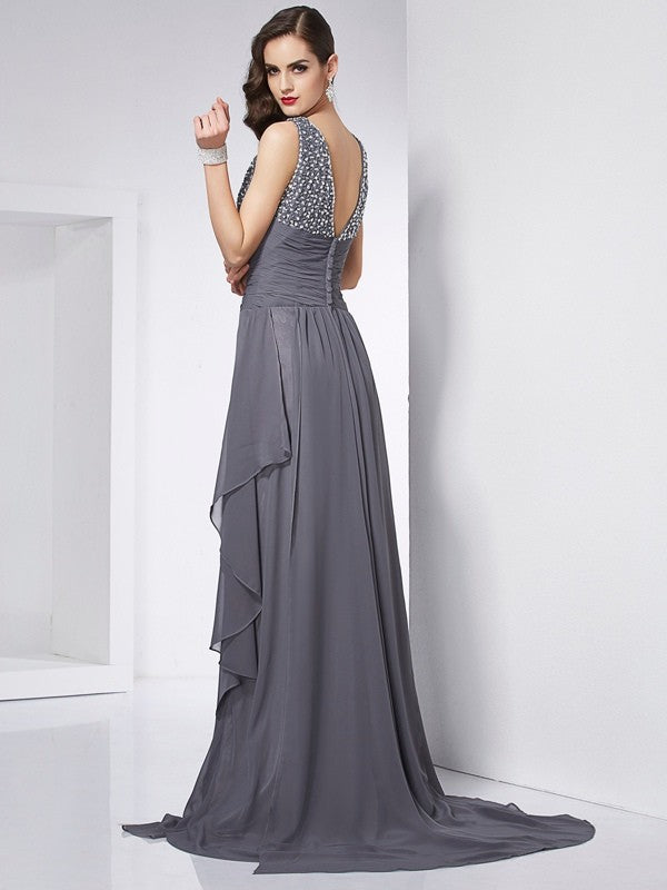 A-Line/Princess Jewel Sleeveless Beading Long Chiffon Dresses