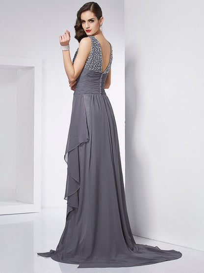 A-Line/Princess Jewel Sleeveless Beading Long Chiffon Dresses