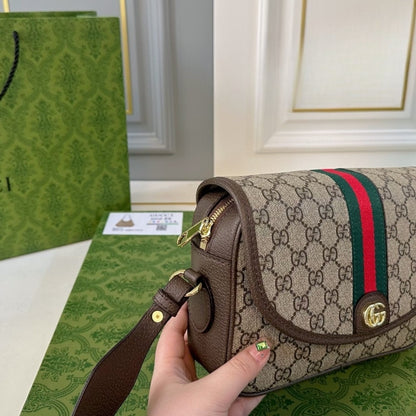 GUCCI OPHIDIA SMALL SHOULDER BAG BEIGE AND DARK BROWN 23CM 722117 FAAX3 9789