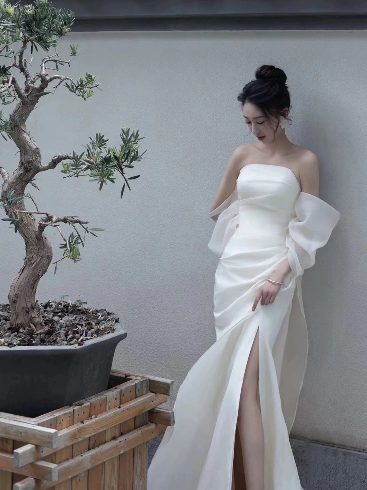 Elegant White Strapless Prom Dress High Slit Fairy Wedding Guest Gown Maxi Dress