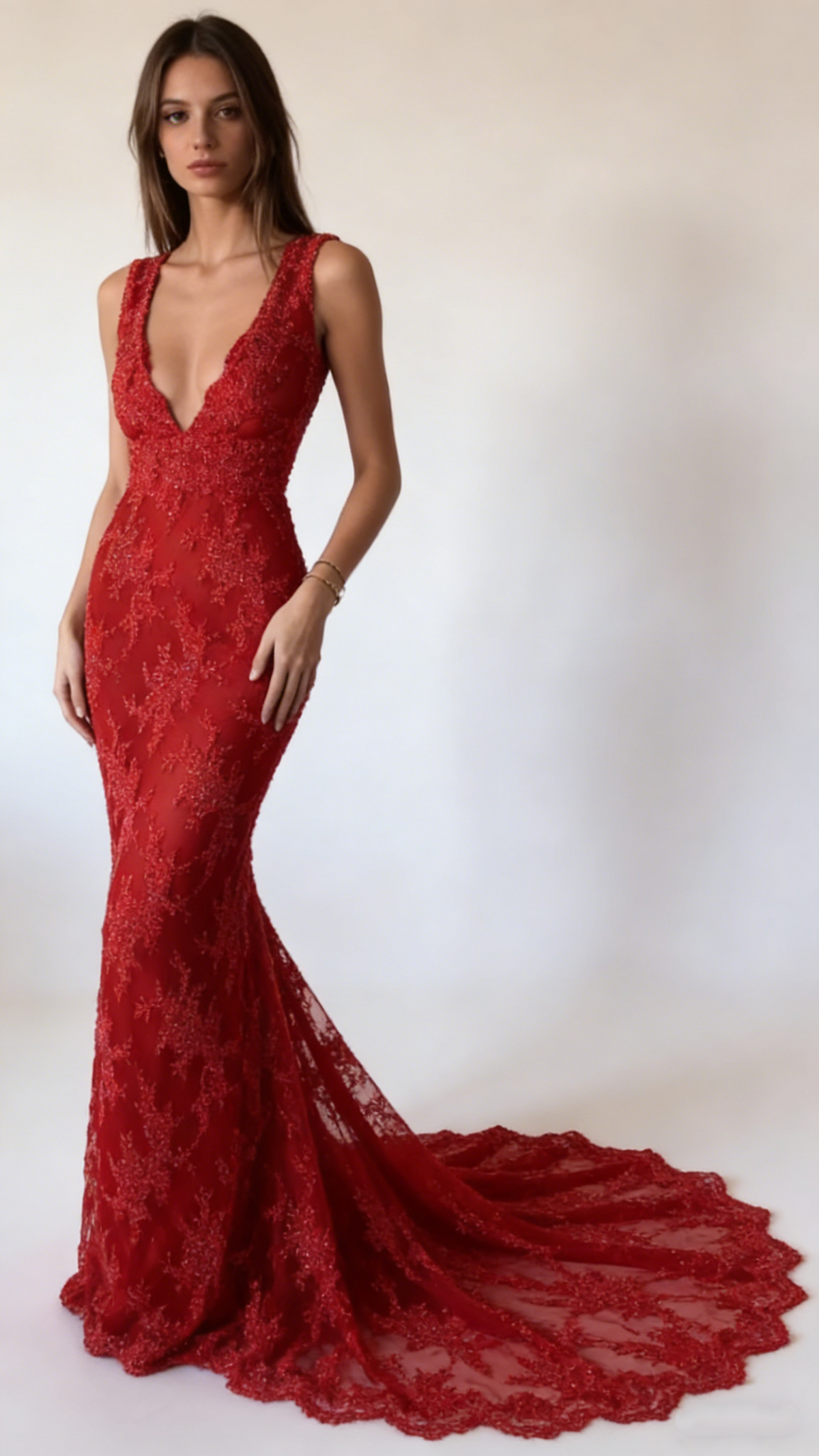 Charming Red V Neck Lace Mermaid Long Party Dress Formal Wedding Guest Dress SP1399