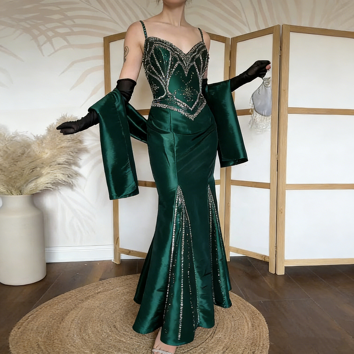 Vintage Spaghetti Straps Satin Beaded Burgundy Mermaid Evening Dress Prom Gown