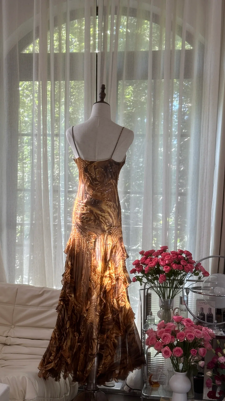 Brown and gold halter-neck fitted tiered skirt sexy long ball gown R7792