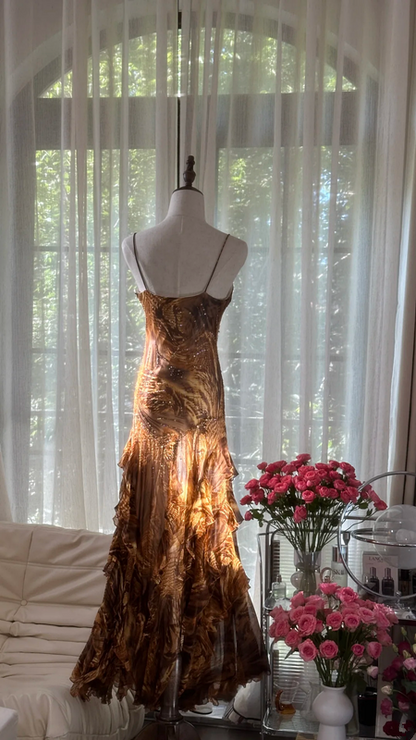 Brown and gold halter-neck fitted tiered skirt sexy long ball gown R7792