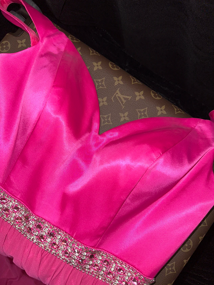 Barbie pink halter-neck fitted long ball gown R6883