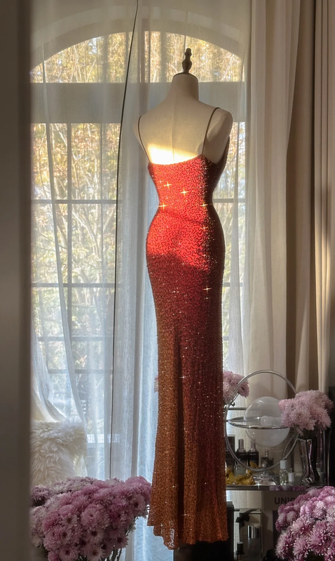 Orange-red halter-neck fitted waist bodycon sexy long ball gown R7720