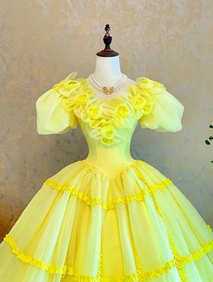 Yellow Puff Sleeve Waist-Cinched Puff-Skirt Ball Gown & Bridal Gown R7398
