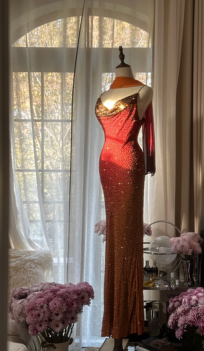 Orange-red halter-neck fitted waist bodycon sexy long ball gown R7720