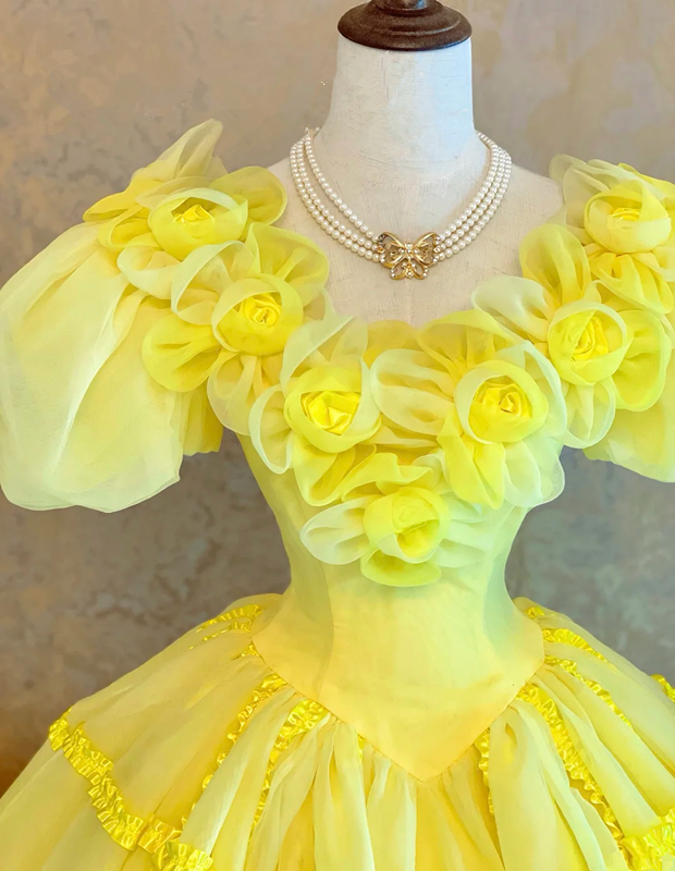 Yellow Puff Sleeve Waist-Cinched Puff-Skirt Ball Gown & Bridal Gown R7398