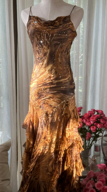 Brown and gold halter-neck fitted tiered skirt sexy long ball gown R7792