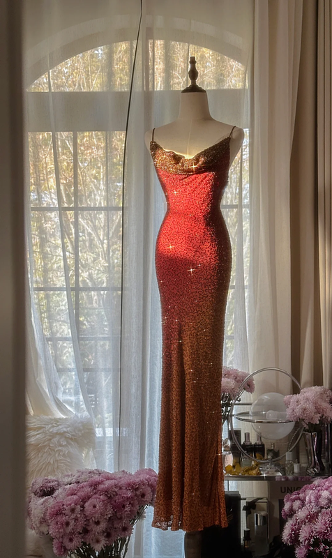 Orange-red halter-neck fitted waist bodycon sexy long ball gown R7720