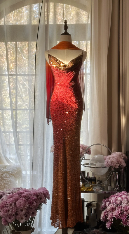 Orange-red halter-neck fitted waist bodycon sexy long ball gown R7720