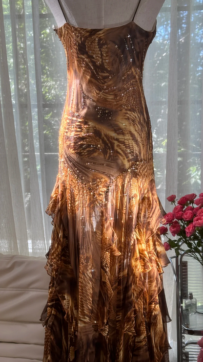 Brown and gold halter-neck fitted tiered skirt sexy long ball gown R7792