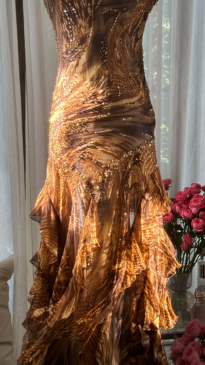 Brown and gold halter-neck fitted tiered skirt sexy long ball gown R7792