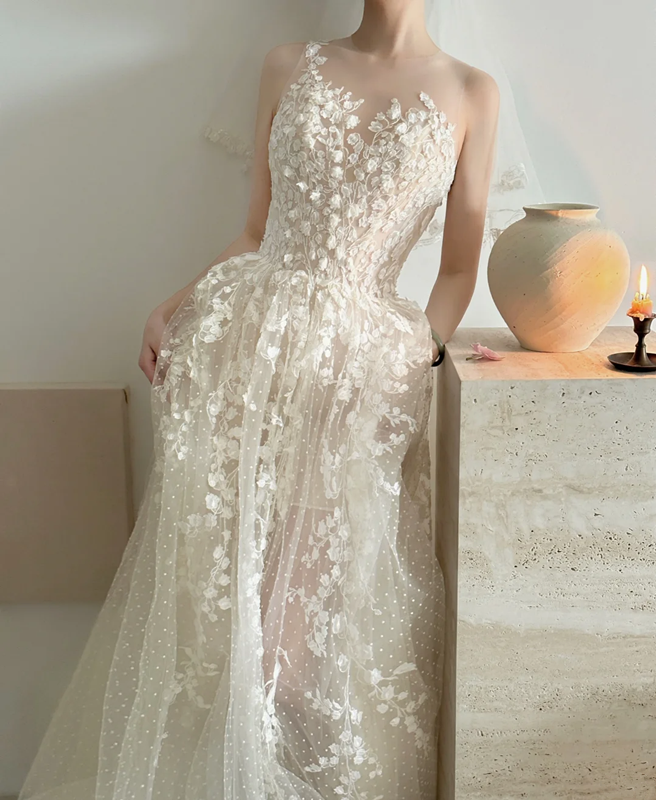 Sheer white strapless, waist-cinched printed elegant and sexy long prom dress R7990