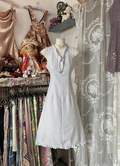 White-based Gingham Sleeveless Waist-Cinched Slim-Fit A-Line Short-Length Ball Gown R7443