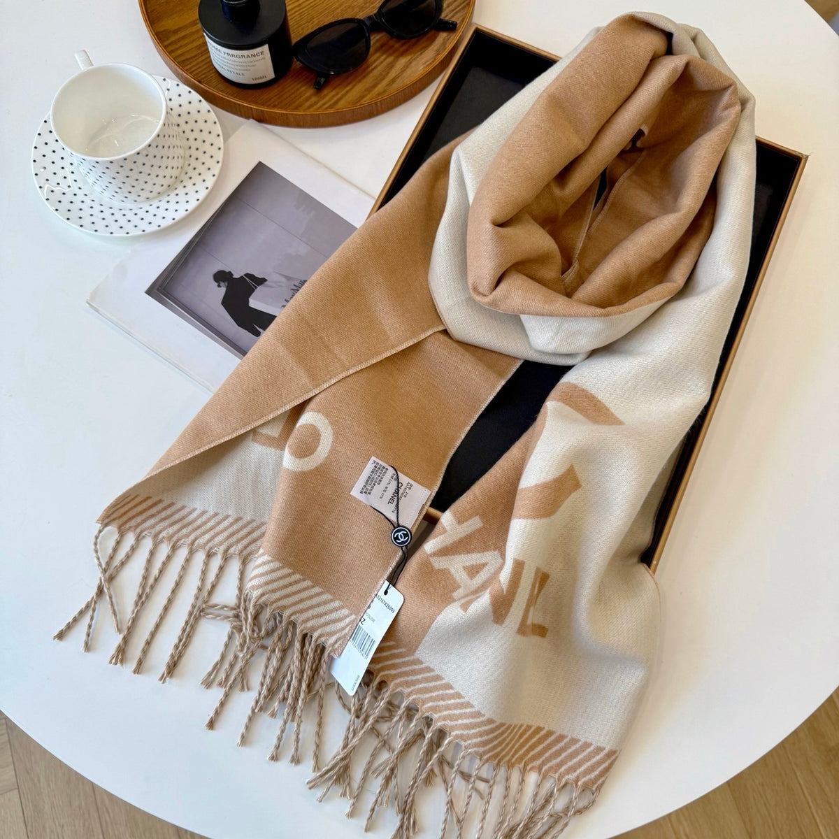 Chanel 24A Half Color Wool Scarf Beige 180Cm
