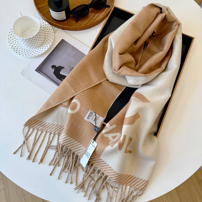 Chanel 24A Half Color Wool Scarf Beige 180Cm