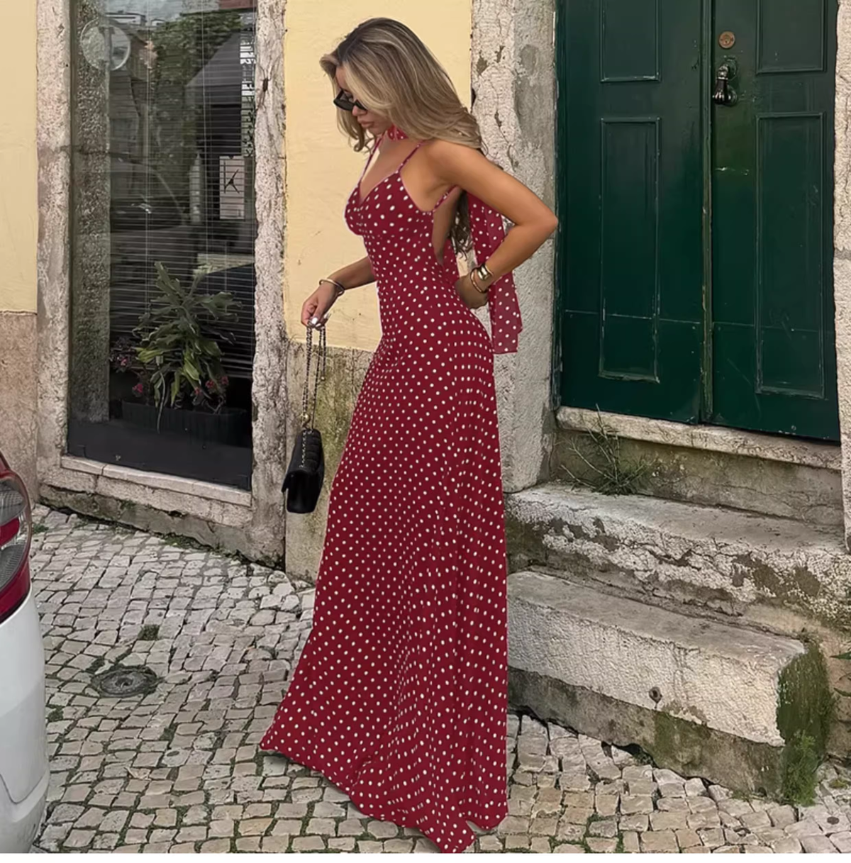 Vintage Polka Dot Spaghetti Strap Maxi Prom Dress with Neck Scarf TP5709